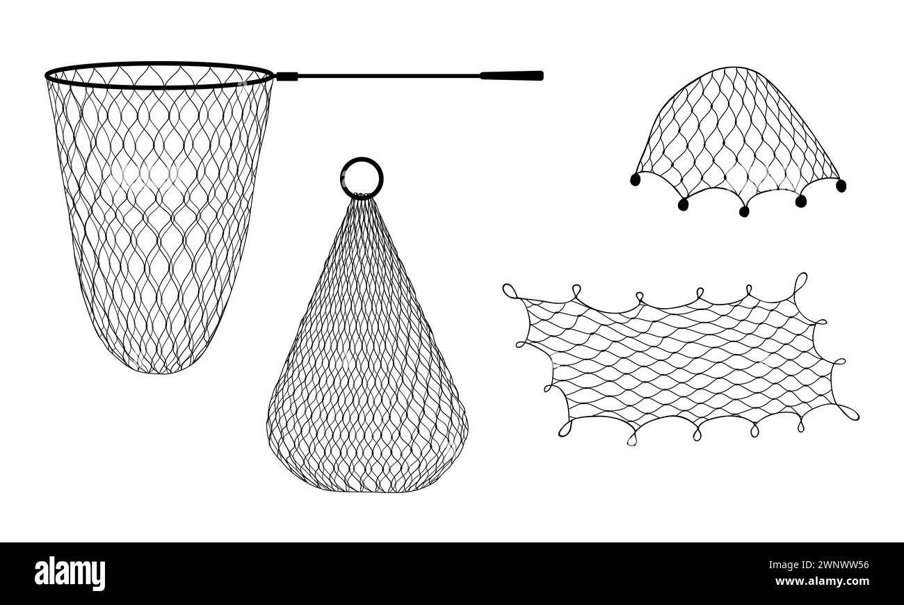 Reti da pesca e tonnare, reti da traino, acquari e sciabiche, pesca con vettori e attrezzature sportive da pesca. Rete a rete di funi per pescatori e trappole per pesci d'acqua marina, rete a paletta e sciabica per navi marine Illustrazione Vettoriale