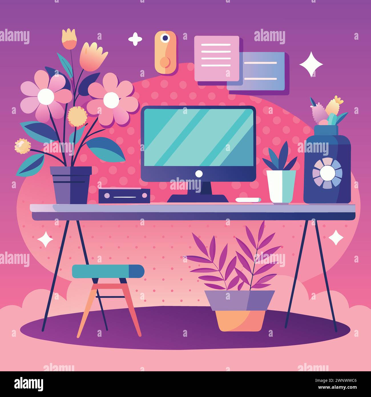 Scrivania per computer con monitor, tastiera e una tazza di caffè Illustrazione Vettoriale