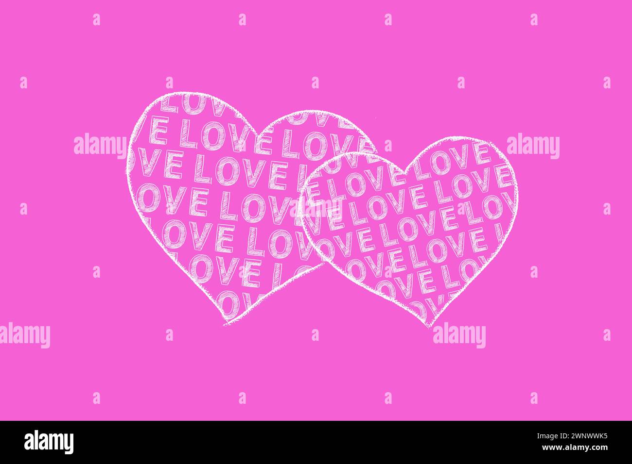 Due cuori con L'AMORE lettering dentro. Illustrazione disegnata a mano. San Valentino, matrimonio. Foto Stock