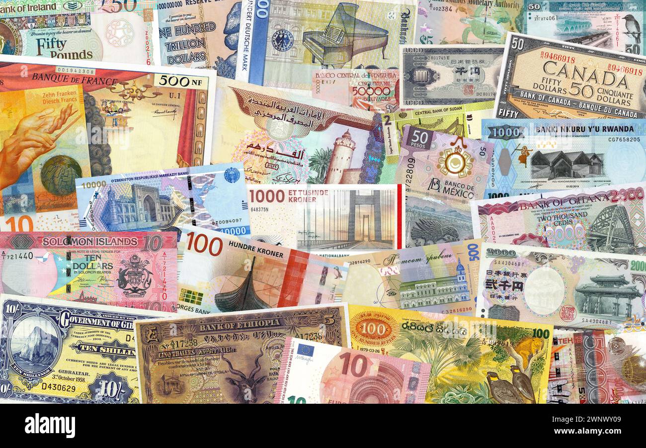 Collage di moneta di carta mondiale, sfondo colorato di banconote in valuta Foto Stock
