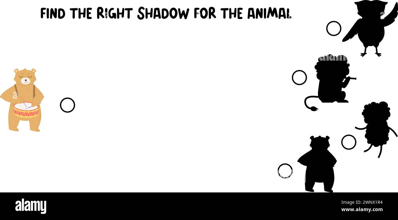 Trova il gioco d'ombra giusto. Orso con il tamburo e altri animali silhouette. Illustrazione Vettoriale