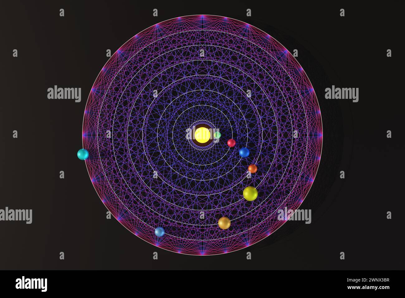Otto colorate sfere metalliche e cerchi bianchi su linee circolari viola su sfondo scuro. Concetto di pianeti orbitanti nel sistema solare Foto Stock