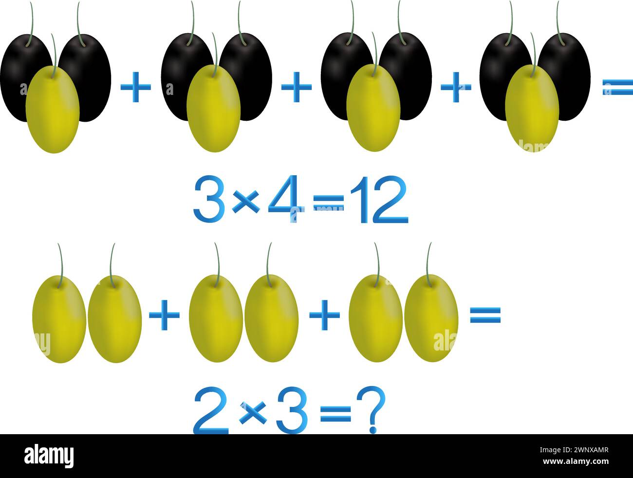 Giochi educativi per bambini, azione moltiplicativa, ad esempio con le olive. Illustrazione Vettoriale