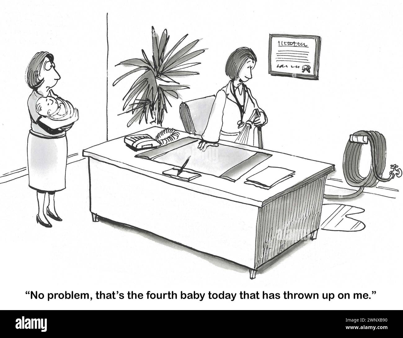 Il cartone animato BW che mostra la pediatra è abituata al vomito dei bambini - ha un tubo per pulire il suo ufficio. Foto Stock
