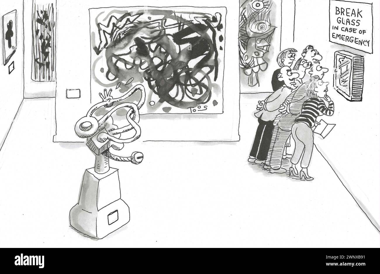 BW Cartoon che mostra i patroni dell'arte che mancano dell'arte moderna e che guarda le istruzioni di emergenza. Foto Stock