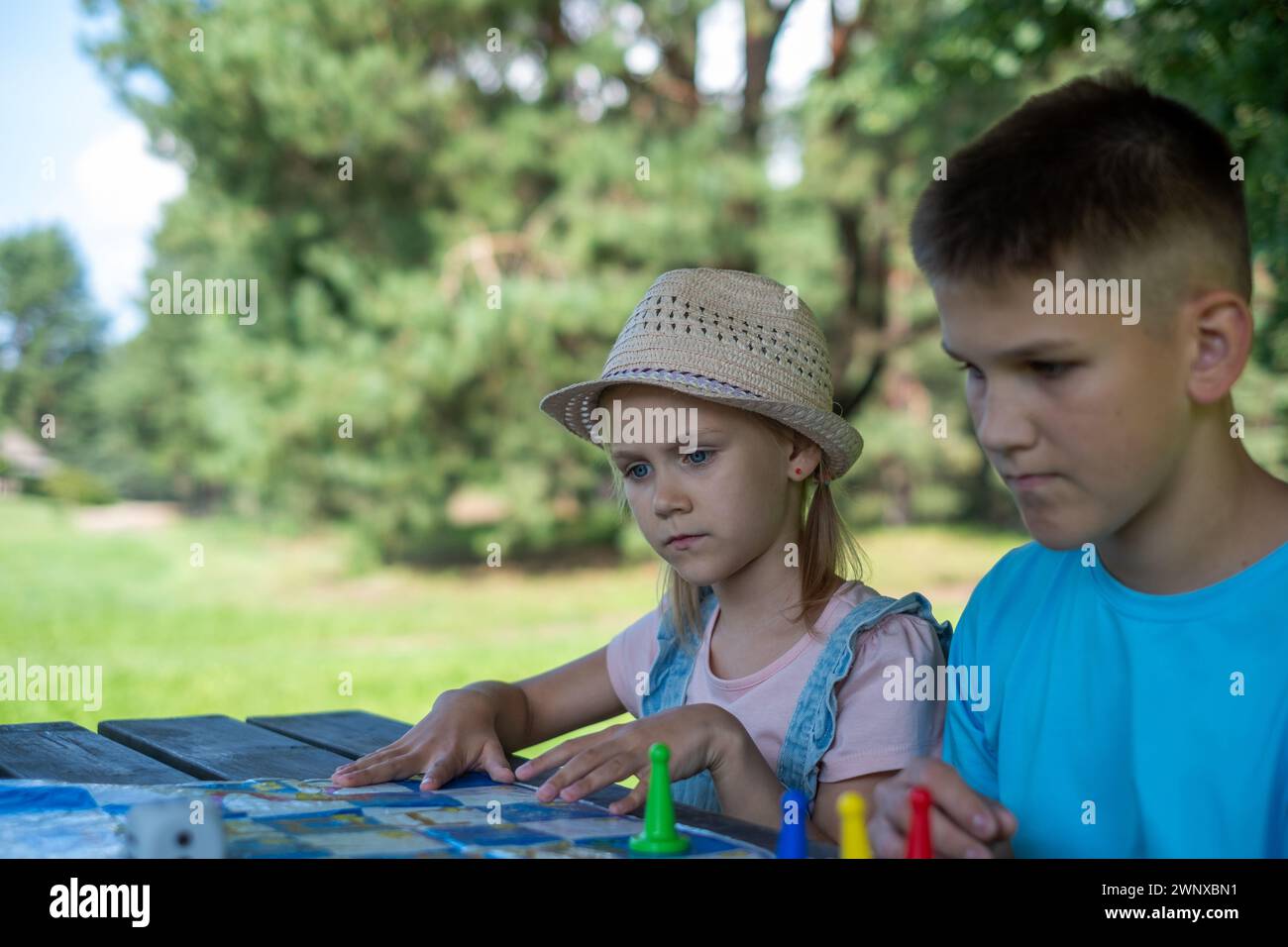 Un ragazzo con una camicia blu e una ragazza con un cappello di paglia si sono concentrati su un gioco da tavolo in un ambiente naturale. Questa immagine cattura perfettamente l'infanzia, il tempo libero e lea Foto Stock