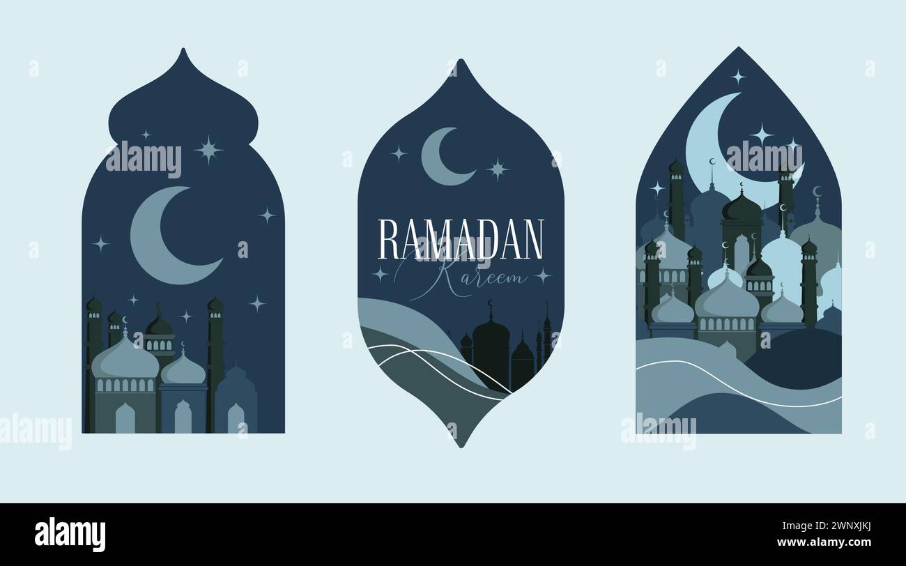 Modello di biglietto d'auguri vettoriale Ramadan Kareem. Banner sui social media, poster Ramadan Layout Crescent Moon, Fanoos, Mosque Dome e Arches. Illustrazione Vettoriale