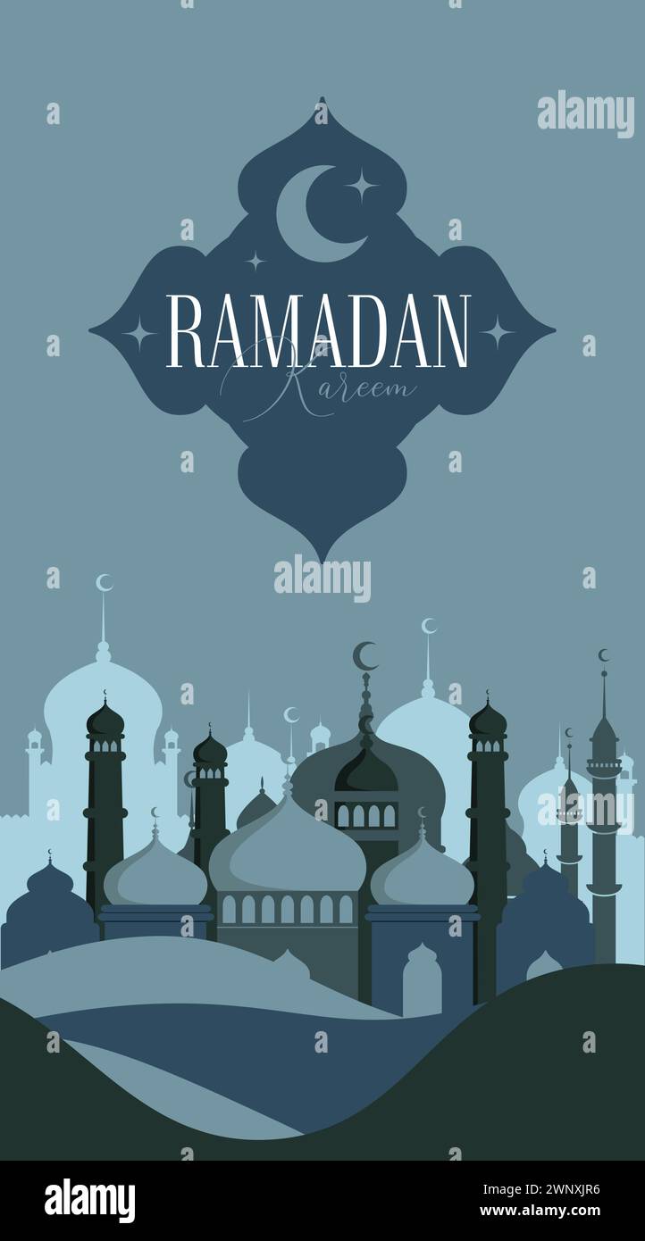 Modello di biglietto d'auguri vettoriale Ramadan Kareem. Banner sui social media, poster Ramadan Layout Crescent Moon, Fanoos, Mosque Dome e Arches. Illustrazione Vettoriale