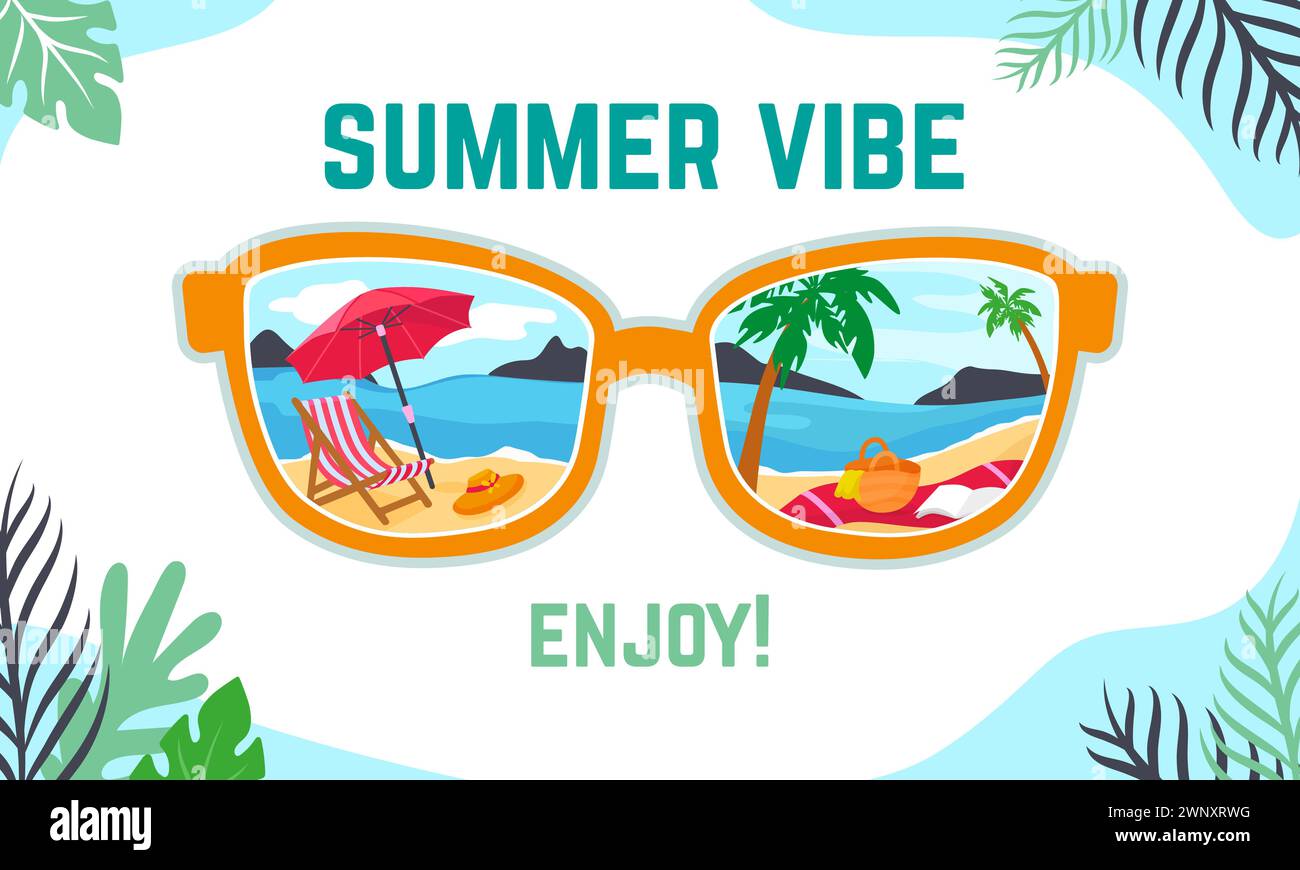 Poster creativo degli occhiali da sole. Atmosfera estiva, vacanze esotiche sull'isola. Vacanze al mare, concetto di turismo astratto. Sfondo vettoriale neoterico mobile Illustrazione Vettoriale
