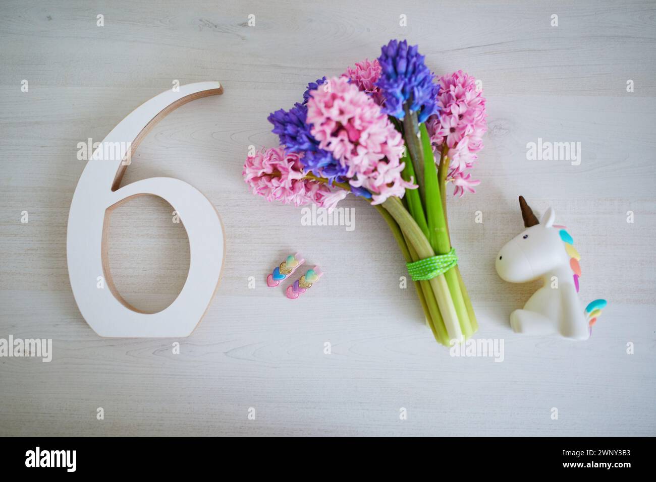 Mazzo di giacinti rosa chiaro e viola e legno bianco numero sei. Concetto di sesto compleanno o anniversario. Foto Stock