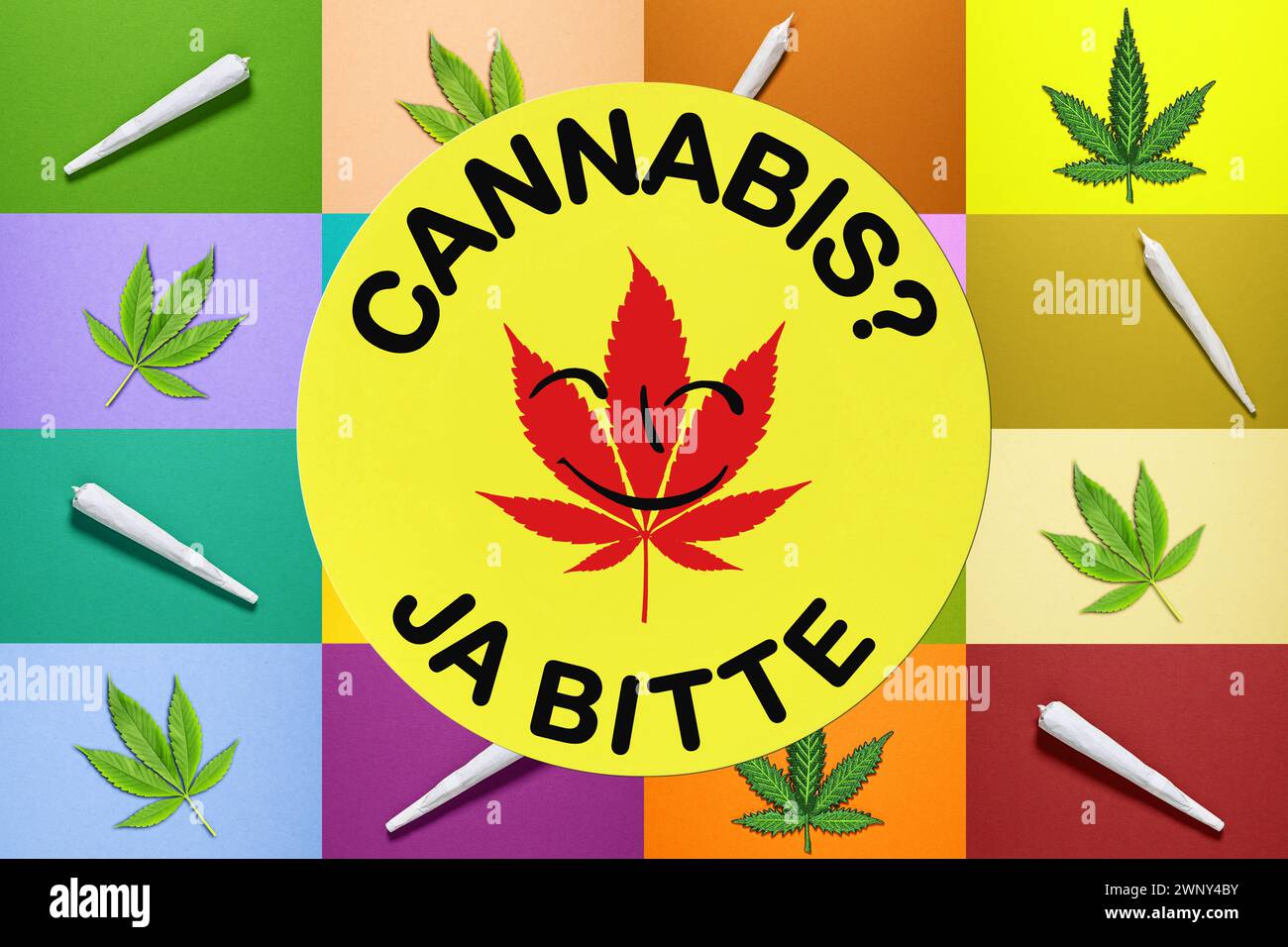 Adesivo con foglia di canapa e le parole Cannabis? Sì, prima di giunti e foglie di canapa, fotomontaggio Foto Stock