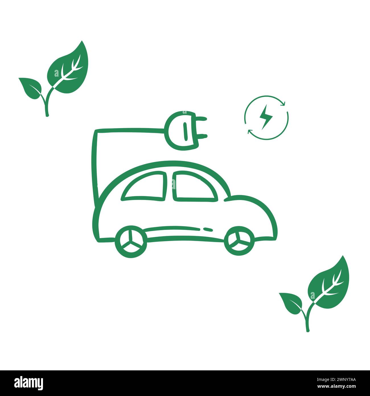 Un'auto elettrica su sfondo bianco, con foglie verdi per mostrare la sua ecocompatibilità e un cartello di ricarica che mostra la natura rinnovabile del suo carburante. Illustrazione Vettoriale