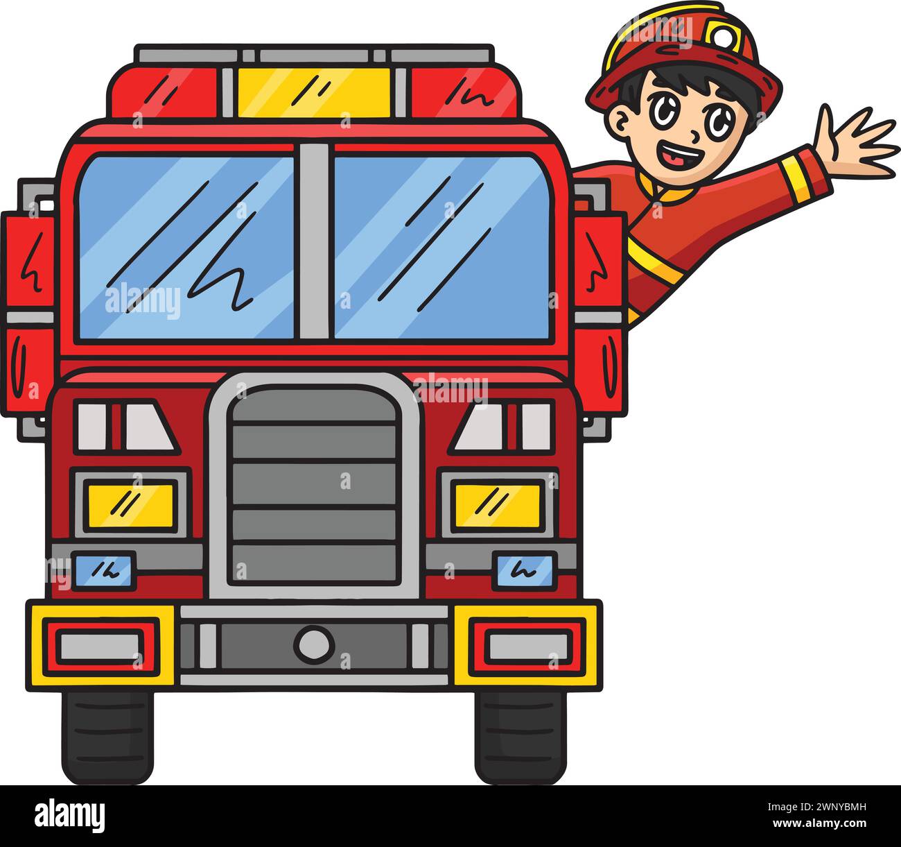 Vigile del fuoco con un Cartoon Clipart per camion dei vigili del fuoco Illustrazione Vettoriale