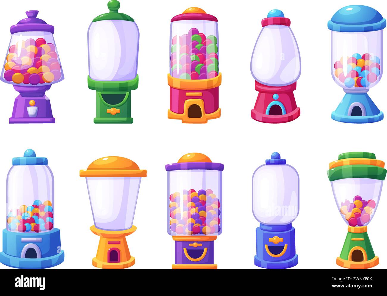 Distributore automatico Bubblegum. Vuoto e pieno di caramelle colorate macchine retrò per supermercato o zona per bambini nel centro commerciale. Vendita dolce, elementi vettoriali di oggi Illustrazione Vettoriale