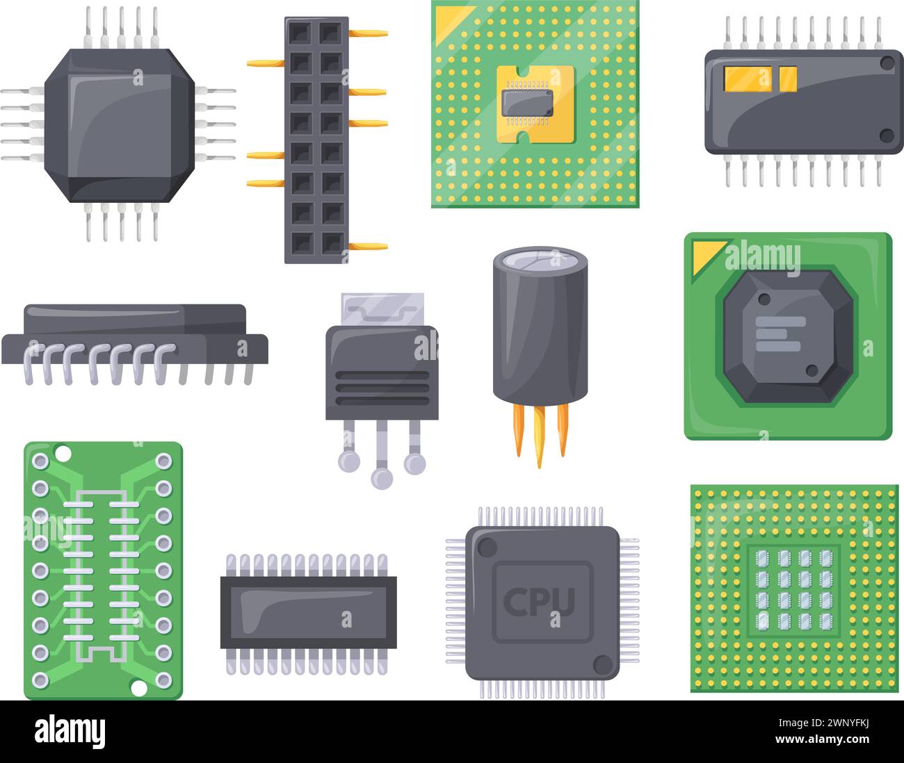 Chip cartoon semiconductor. Microchip con processore GPU o cpu per scheda madre e scheda a circuito elettronico, chip per smartphone per computer, telefono cellulare, illustrazione vettoriale precisa di chip e semiconduttori Illustrazione Vettoriale