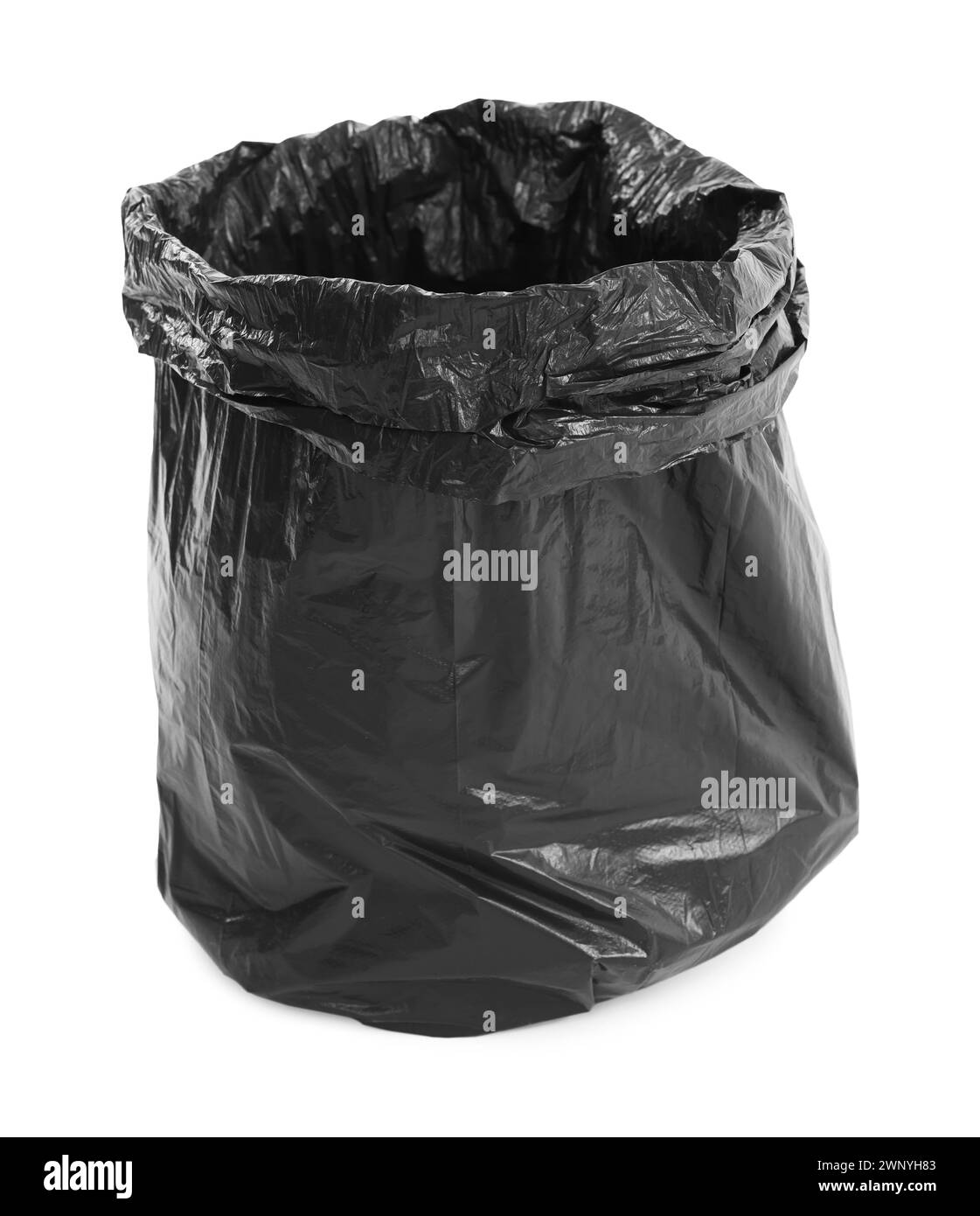 Sacco per rifiuti in plastica nero isolato su bianco Foto Stock