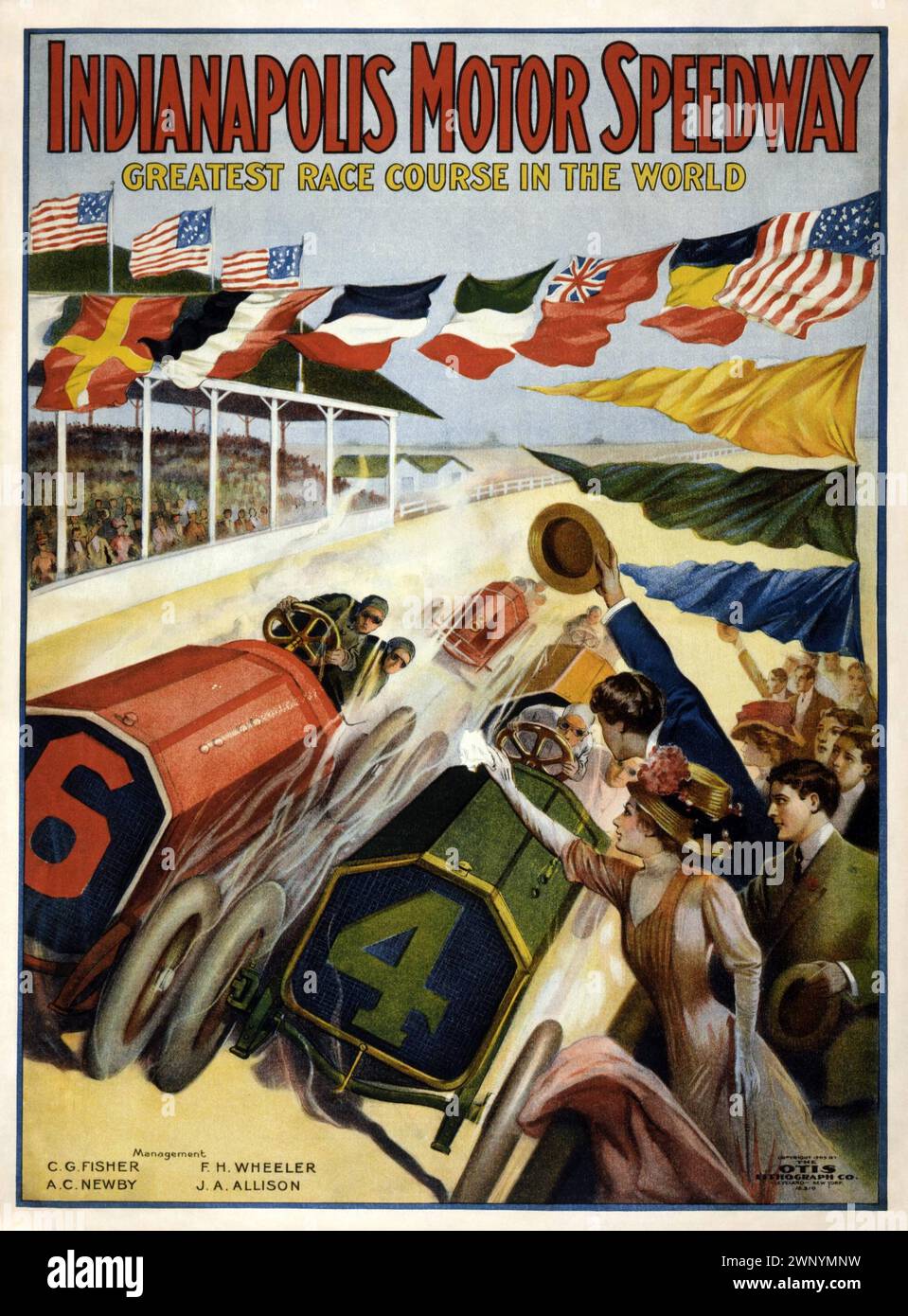 Poster vintage American, per l'autodromo di Indianapolis. Guida in auto da corsa. Intorno al 1905 Foto Stock