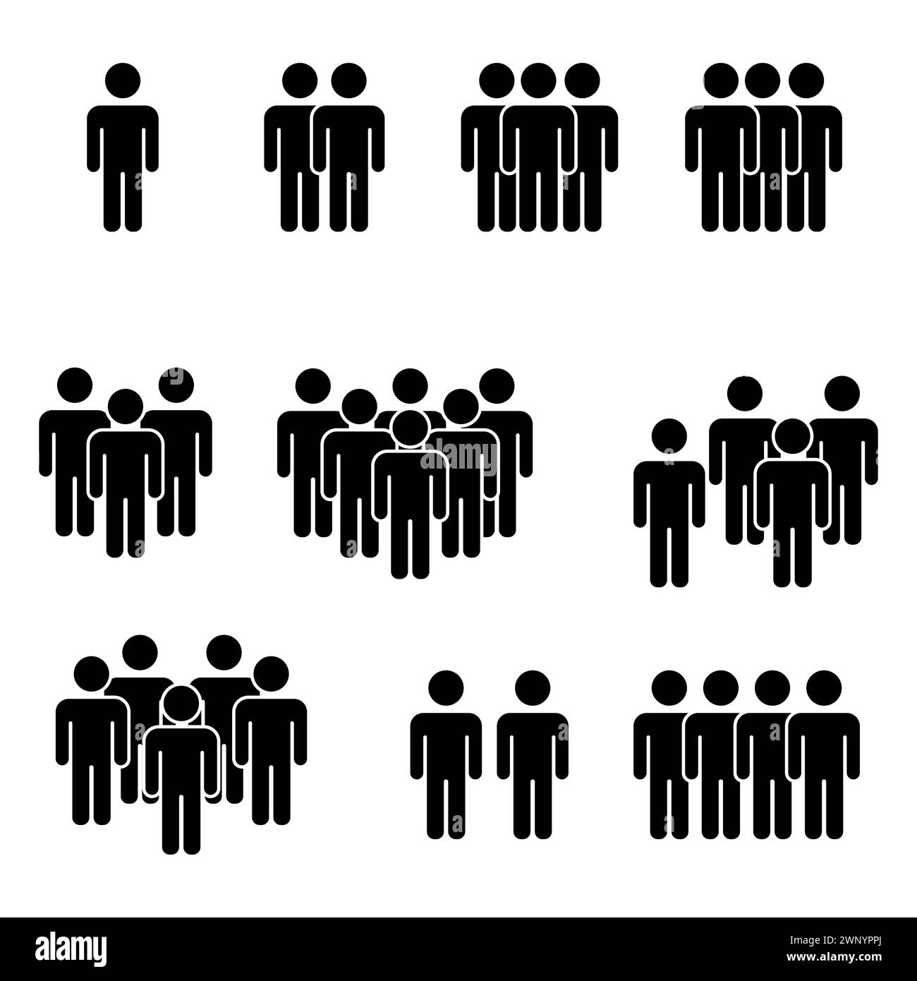 Set di icone che raffigurano individui e gruppi in dimensioni crescenti. Numero crescente di icone delle persone. Silhouette di gruppo sociale. Gerarchia delle dimensioni del team. Vettore Illustrazione Vettoriale