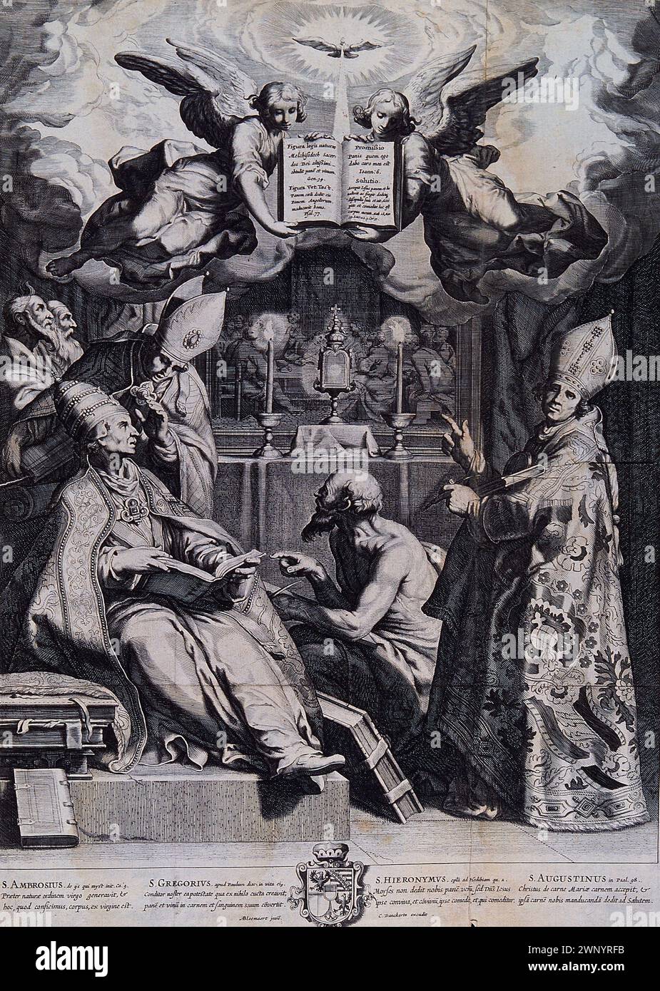 Un'incisione del XVIII secolo di Papa Gregorio i (noto anche come San Gregorio Magno) che fu pontefice dall'AD590 all'AD604. Era il 64° papa. Fu lui che introdusse il canto semplice noto come canto gregoriano. In questa immagine è visto con Sant'Ambrogio, San Girolamo e Sant'Agostino d'Ippona Foto Stock