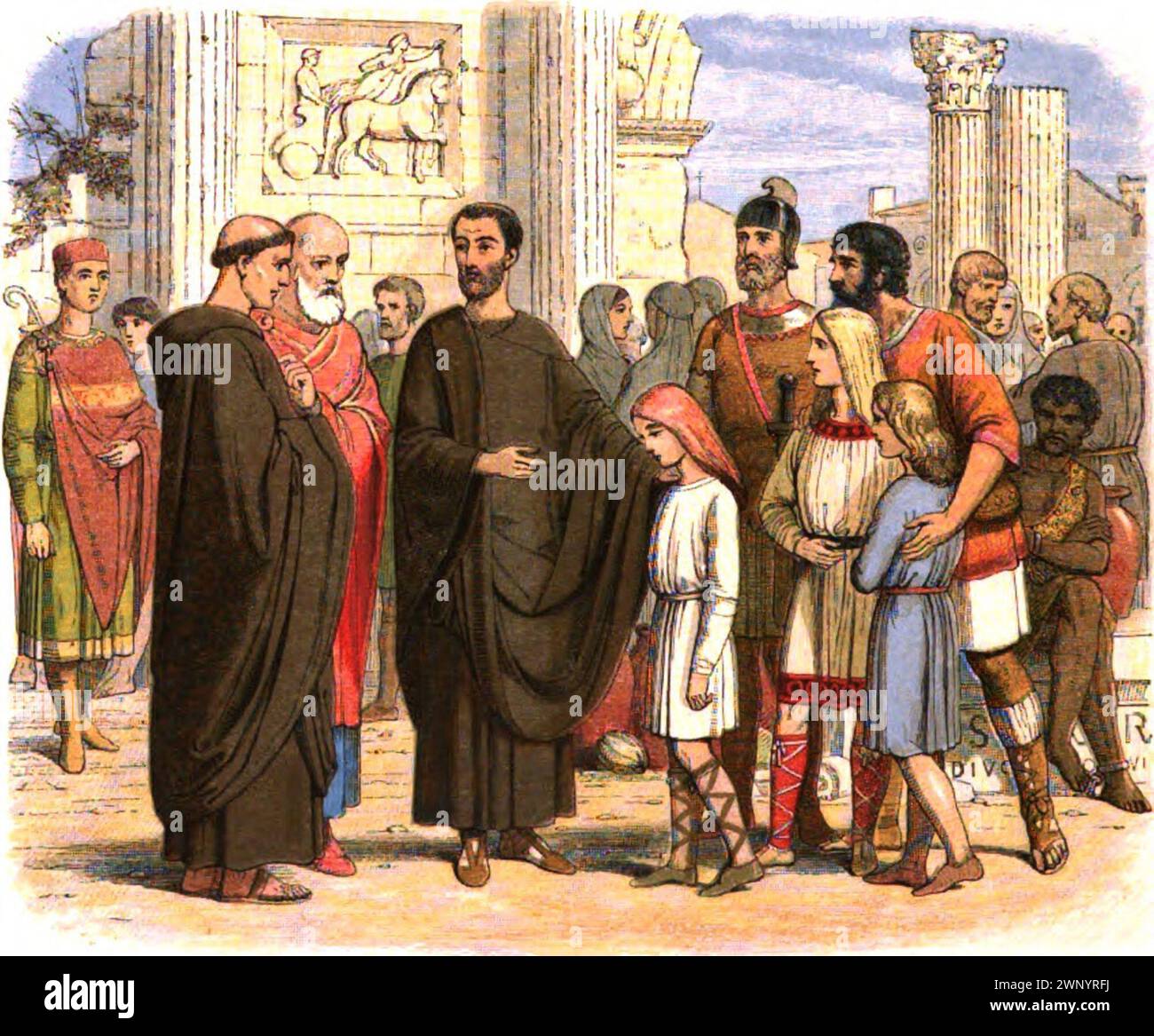 Un disegno che mostra Gregorio (in seguito Gregorio Magno e Papa Gregorio i) conversare con gli schiavi inglesi a Roma Foto Stock