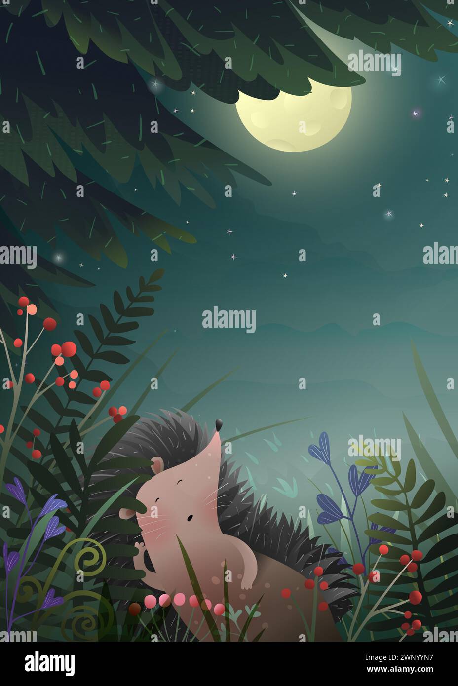 Hedgehog dorme di notte sotto il pino Illustrazione Vettoriale