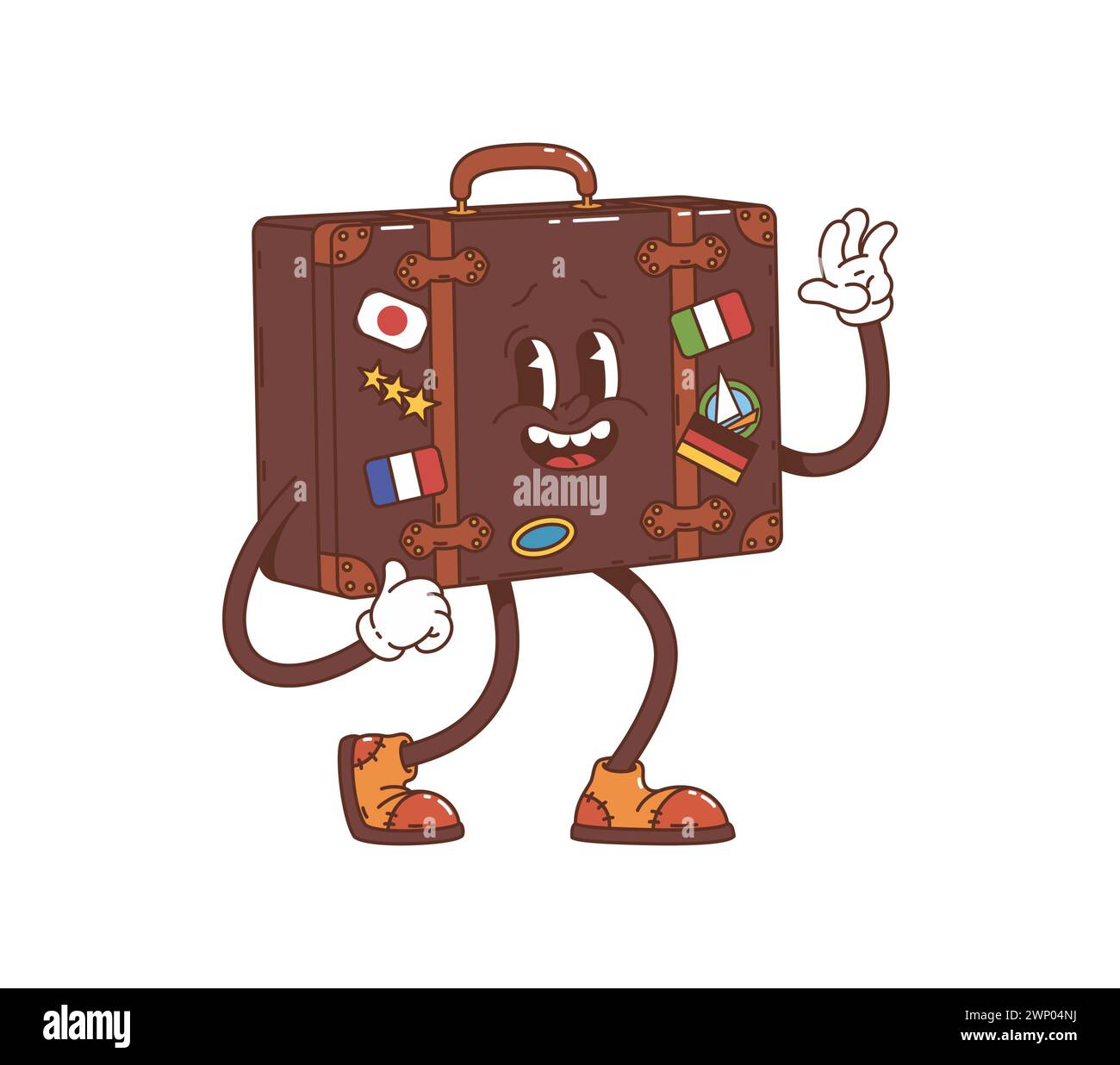 Valigia per cartoni animati, personaggio gotico, bagaglio da viaggio retrò. Borsa Vector vintage isolata con adesivi con bandiera nazionale. personalizza con occhi espressivi e un sorriso ampio e accogliente, pronto a partire Illustrazione Vettoriale