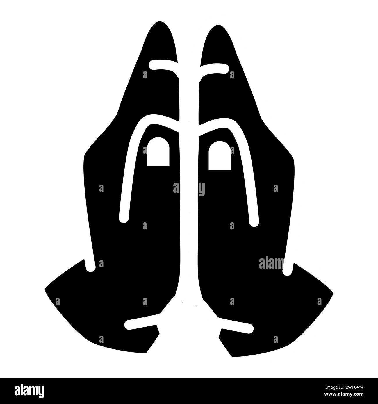 Icona mani di preghiera. Mani piegate nel segno di preghiera. Immagine in bianco e nero del simbolo delle mani di preghiera. stile piatto. Foto Stock