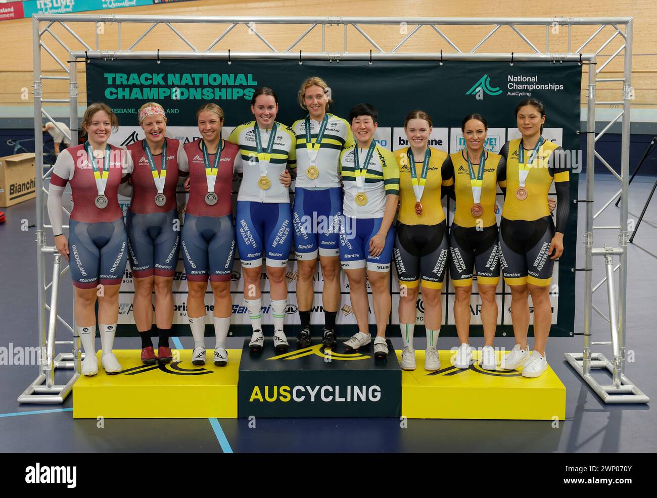 Sleeman Sports Complex 5 marzo 2024: Il nuovo Galles del Sud vince la medaglia d'oro nella Elite Womens Team Sprint con il Queensland al secondo posto e l'Australia Occidentale al terzo ai Campionati nazionali AusCycling Track, Anna Meares Velodrome (Promediapix/SPP) crediti: SPP Sport Press Photo. /Alamy Live News Foto Stock