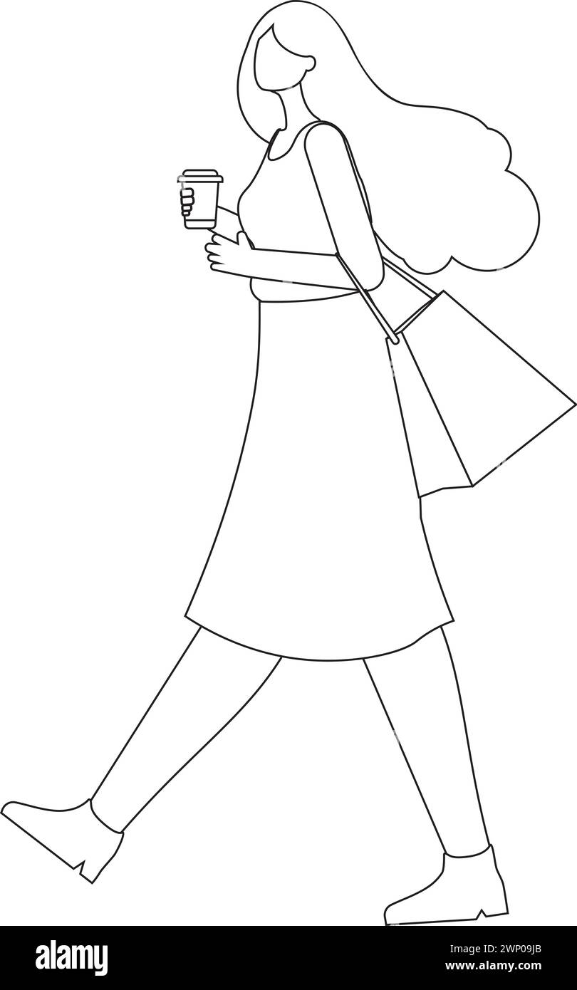Illustrazione di una ragazza che tiene in mano una tazza di caffè di carta e cammina, stile artistico in linea. Illustrazione Vettoriale