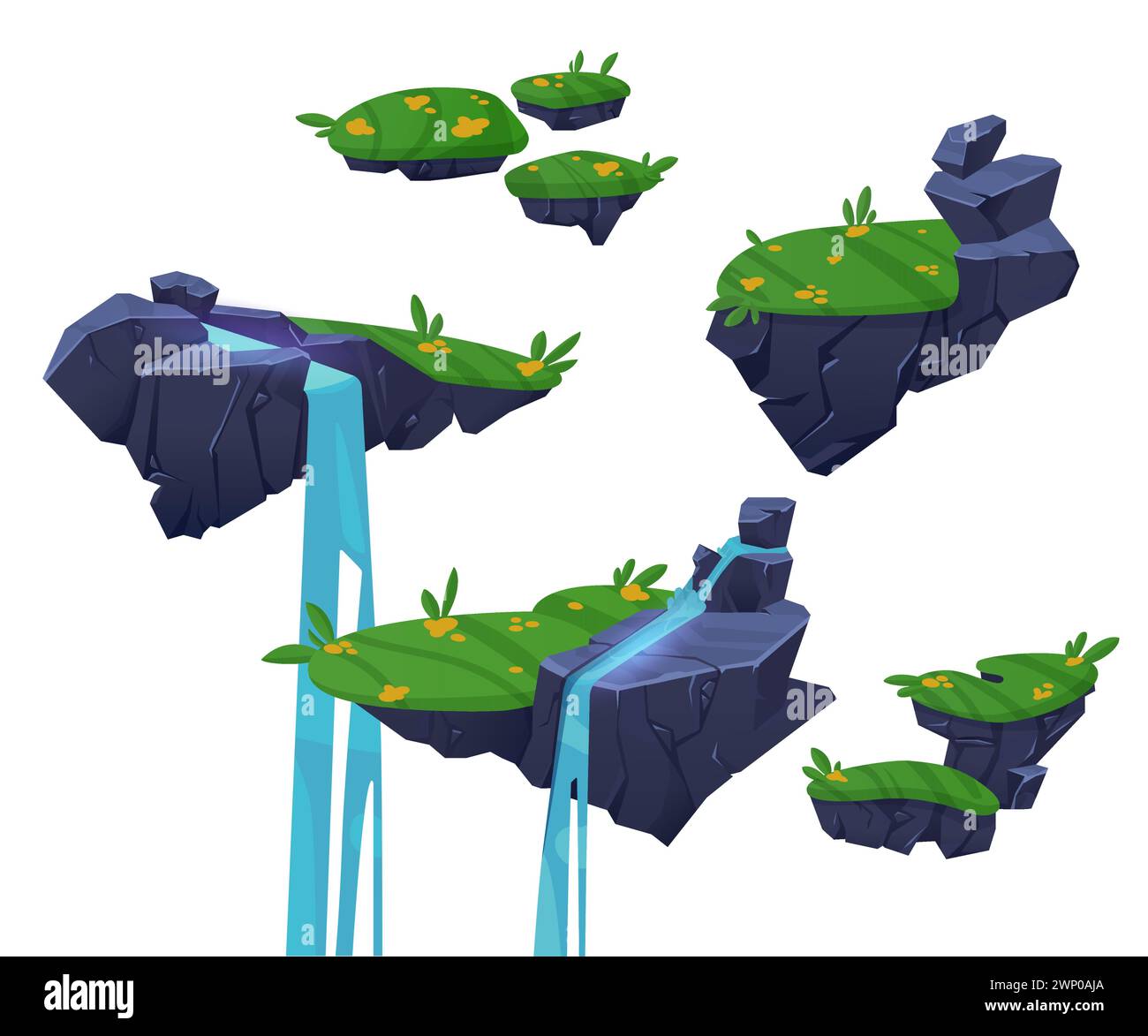 Mappa livello ui gioco isole rocciose galleggianti per saltare con erba verde, fiori e cascata. Illustrazione vettoriale del cartone animato della piattaforma di pietra volante fantasia con il flusso d'acqua. Bit di terra per videogame. Illustrazione Vettoriale