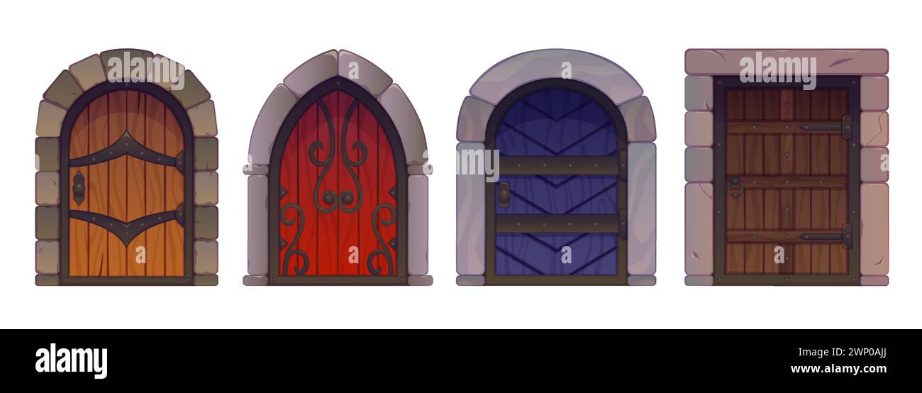 Porte medievali in legno isolate su sfondo bianco. Illustrazione vettoriale di elementi di design di edifici storici, portico in pietra, porta ad arco con cancello chiuso, pomolo in ferro, architettura antica Illustrazione Vettoriale