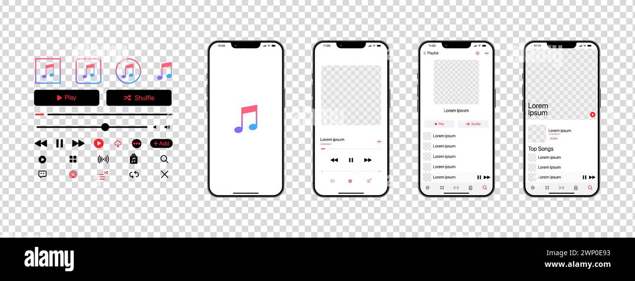 Mockup musicale Apple. App musicale. Modello di applicazione su iPhone mockup. Lettore musicale in abbonamento. Profilo, brano, album, playlist. Pausa, nota, ricerca, Illustrazione Vettoriale