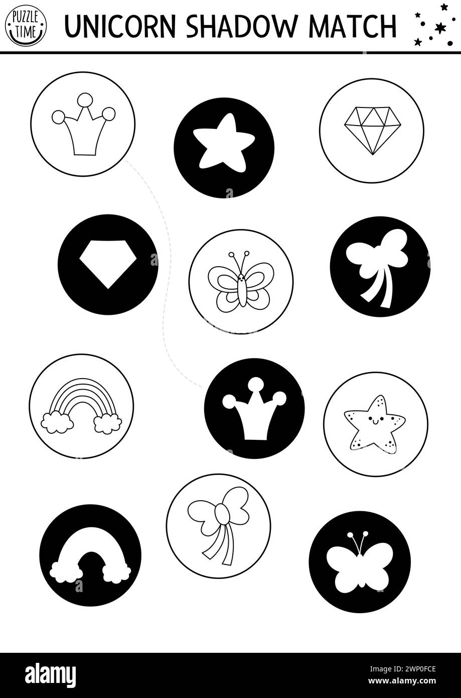 L'ombra dell'unicorno in bianco e nero corrisponde all'attività di arcobaleno, stella, farfalla, cristallo. Puzzle con linea magica. Trova il workshee stampabile della silhouette corretto Illustrazione Vettoriale