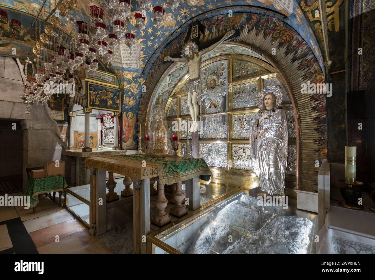 Altare della Crocifissione, Chiesa del Santo Sepolcro, Gerusalemme, Israele Foto Stock