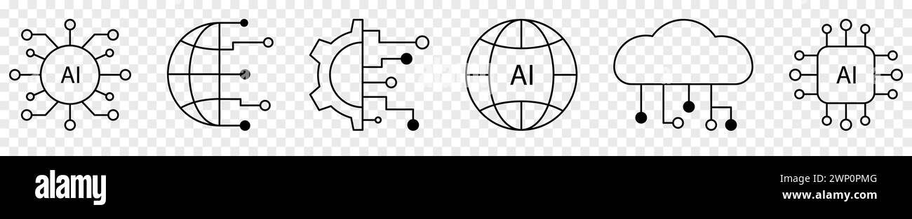 Set di icone di intelligenza artificiale. Illustrazione vettoriale isolata su sfondo trasparente Illustrazione Vettoriale