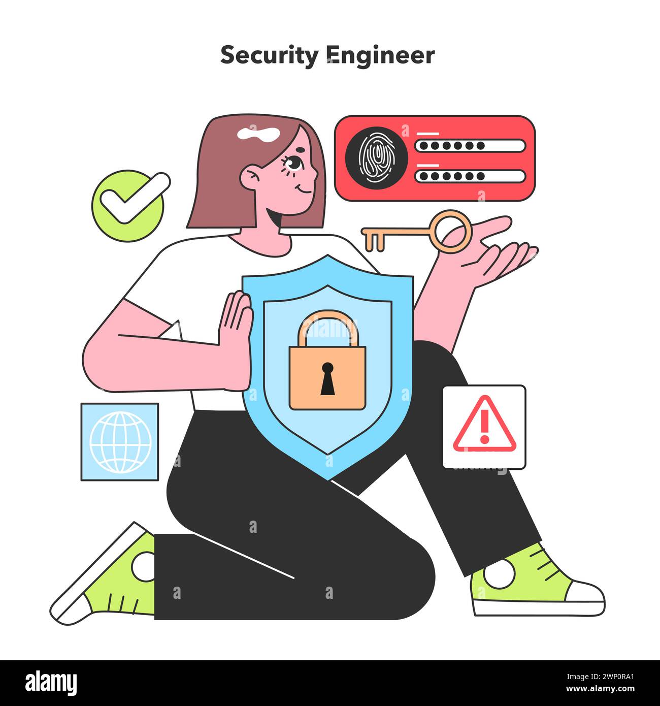 Un Security Engineer utilizza con sicurezza strumenti di protezione digitale, simboleggiando il ruolo fondamentale della sicurezza informatica nella salvaguardia dell'infrastruttura IT Illustrazione Vettoriale