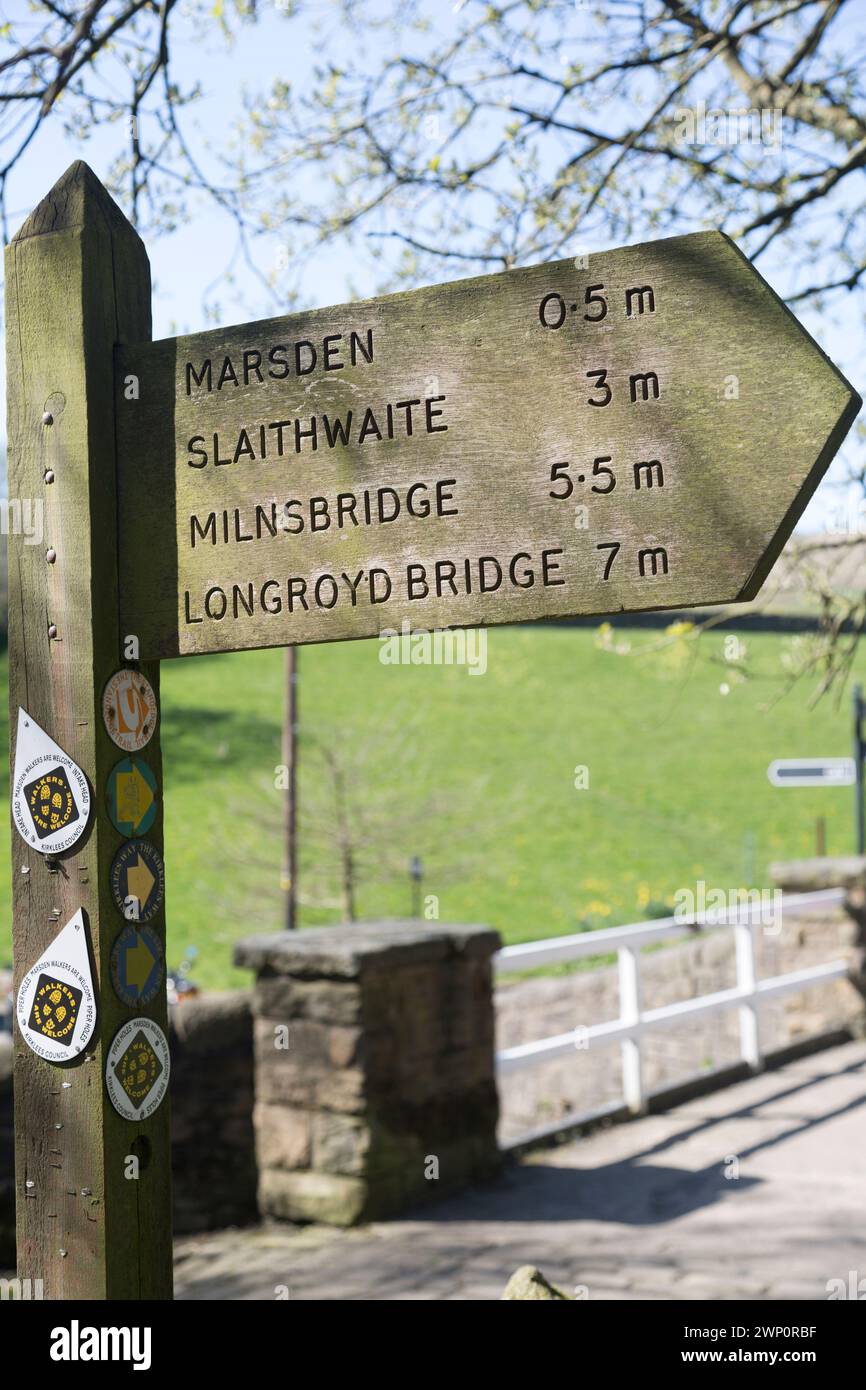 Marsden, cartello lungo lo stretto canale Huddersfield. Foto Stock