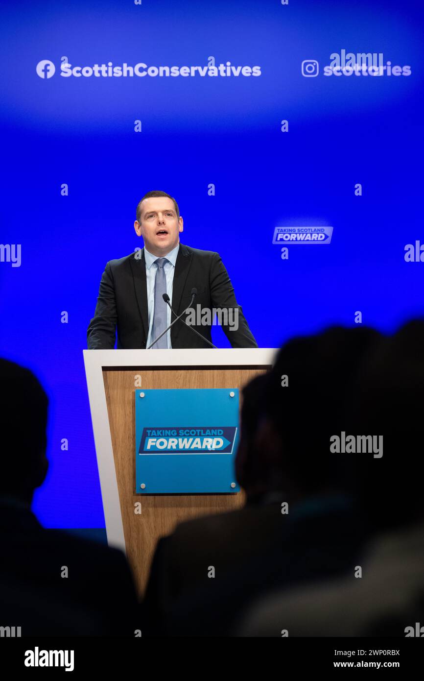 Douglas Ross leader del Partito Conservatore scozzese parlò alla Conferenza del Partito Conservatore scozzese ad Aberdeen nel 2024 Foto Stock