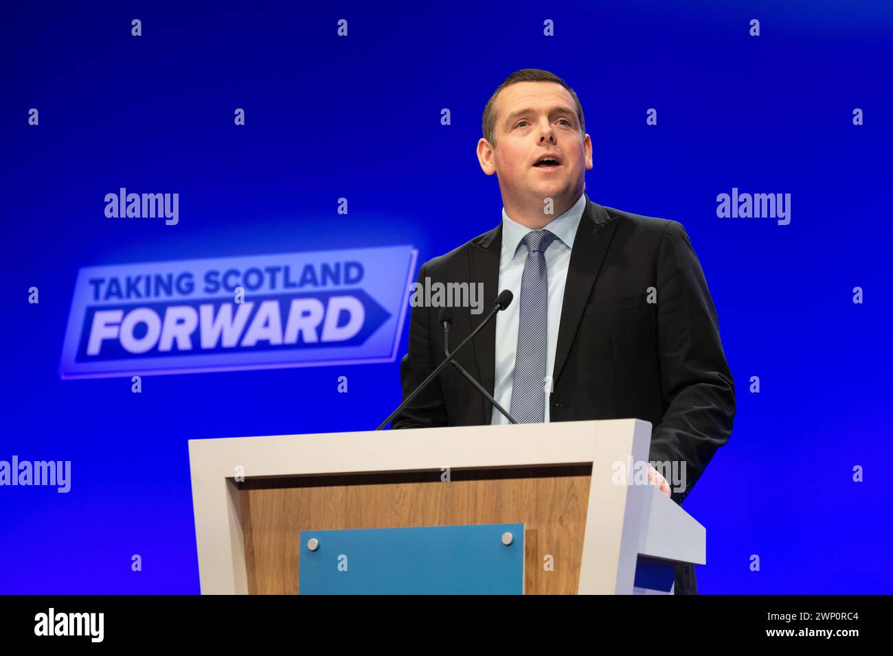 Douglas Ross leader del Partito Conservatore scozzese parlò alla Conferenza del Partito Conservatore scozzese ad Aberdeen nel 2024 Foto Stock