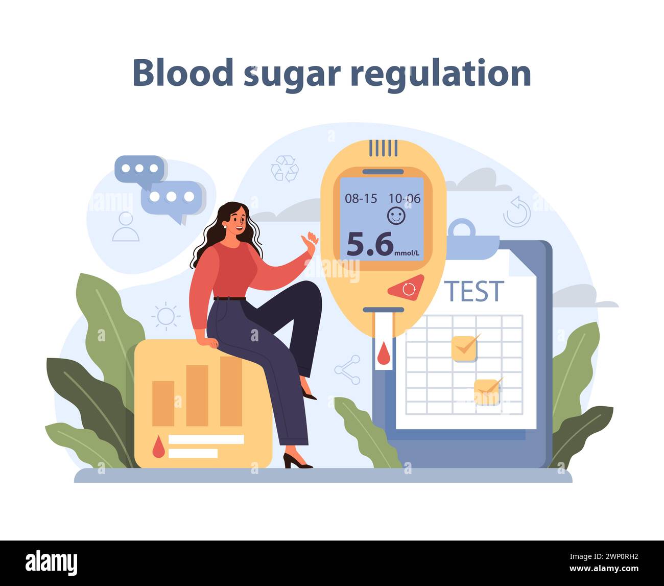 Guida alla regolazione dello zucchero nel sangue. Una donna interagisce con un glucometro, illustrando il controllo del diabete. Gestione della salute in primo piano. Illustrazione vettoriale. Illustrazione Vettoriale