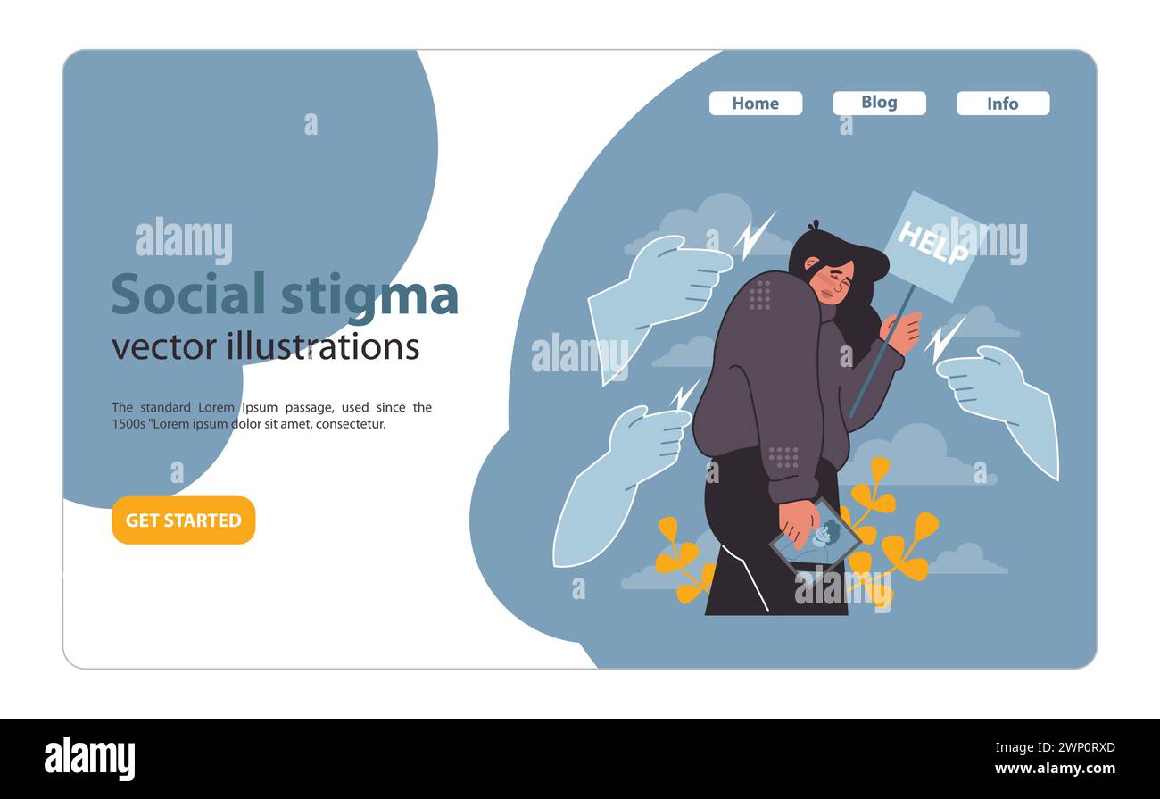 Stigma sociale nel web widowhood o nel landing. Un'immagine cruda del giudizio affrontata, che tiene la speranza in mezzo alle avversità. Illustrazione vettoriale piatta. Illustrazione Vettoriale