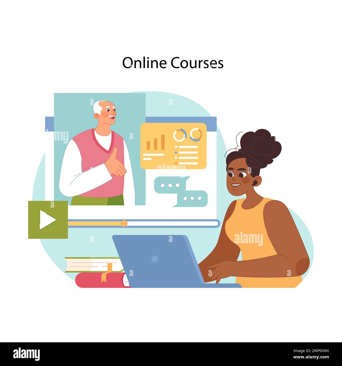 Concetto di apprendimento digitale. Studentessa di colore focalizzata interagisce con l'interfaccia del corso online, rappresentando un approccio moderno all'istruzione attraverso studi basati sul Web. Illustrazione vettoriale piatta Illustrazione Vettoriale