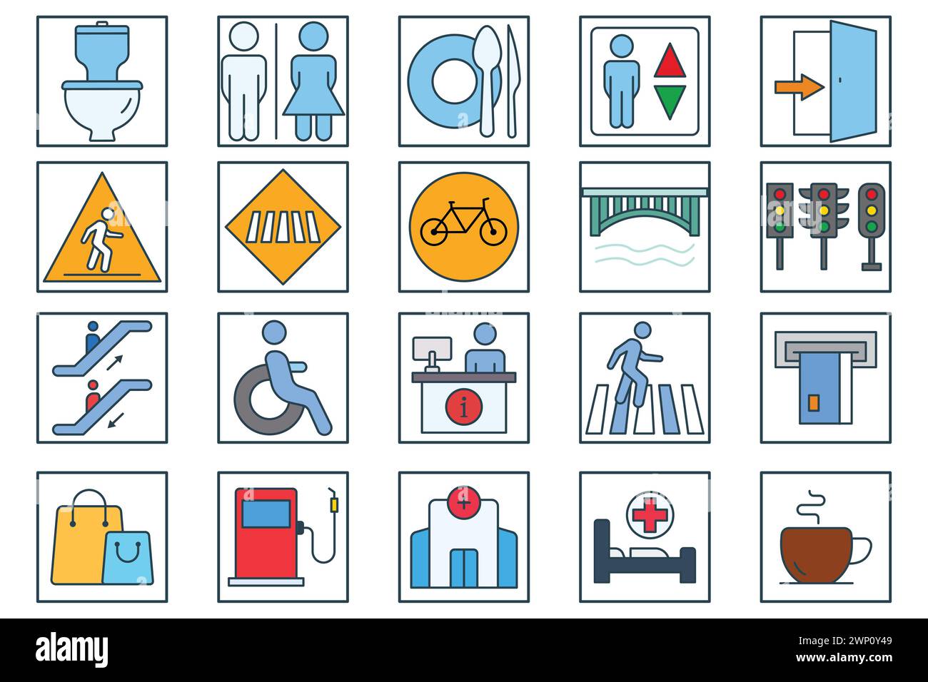 set di icone di navigazione pubblica. servizi igienici, area ristoro, ascensore, banco informazioni, sportello bancomat ecc. stile icona linea piatta. illustrazione del vettore di navigazione Illustrazione Vettoriale