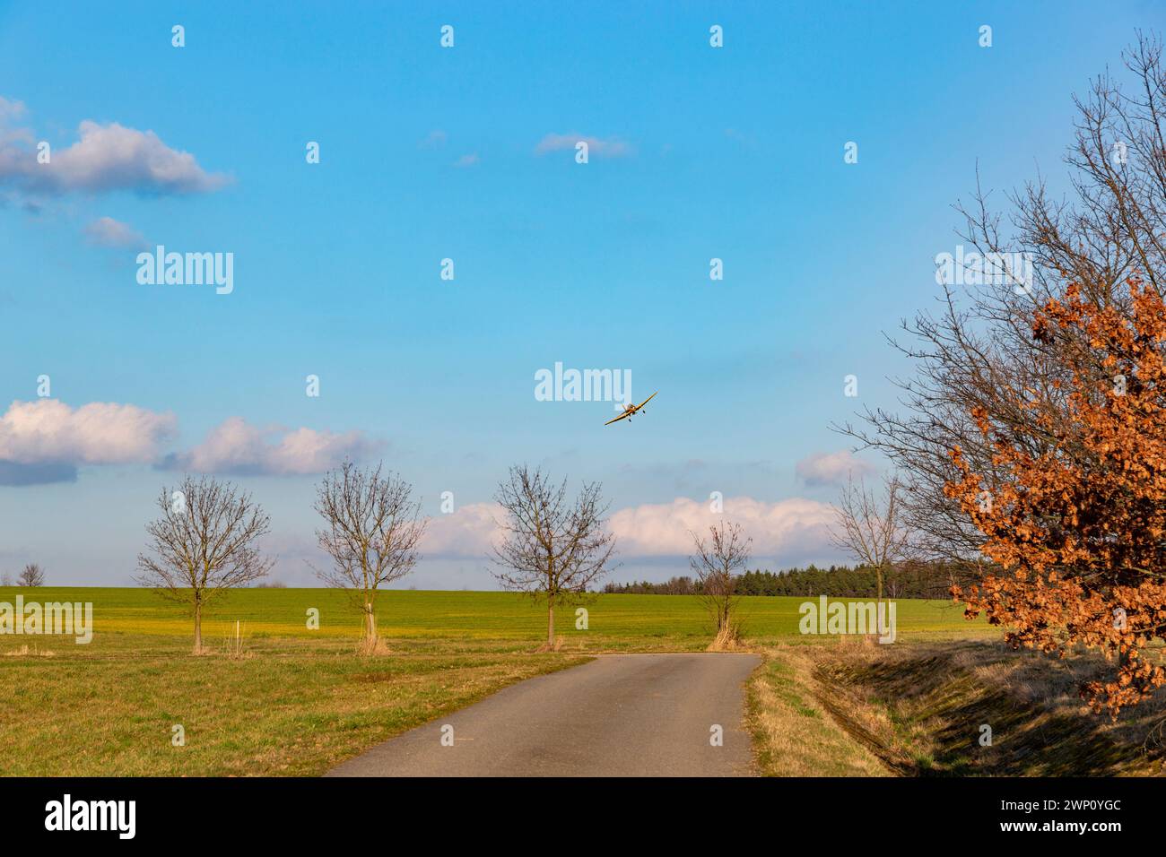 Un aeroplano applica sostanze chimiche a un campo. Aviazione agricola. Foto Stock