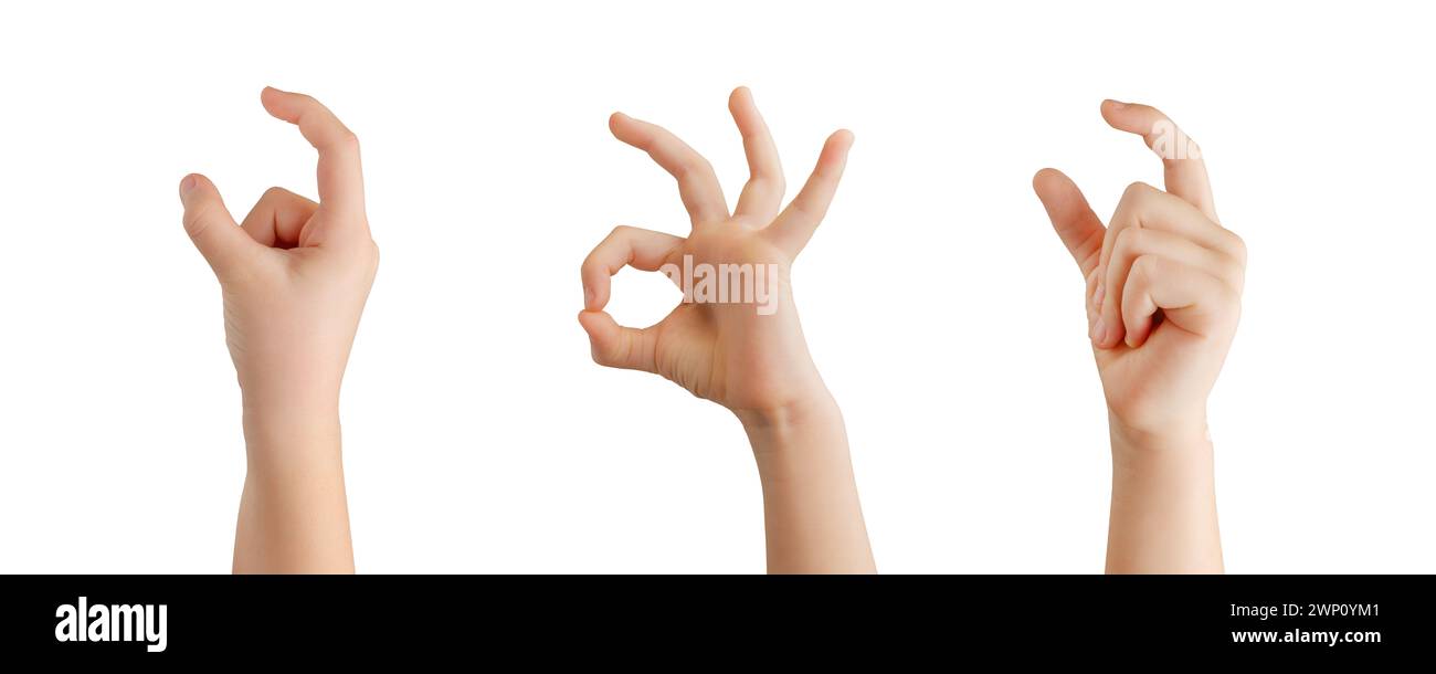 Tenendo le mani isolate con due dita e gesti delle mani perfetti su sfondo bianco Foto Stock