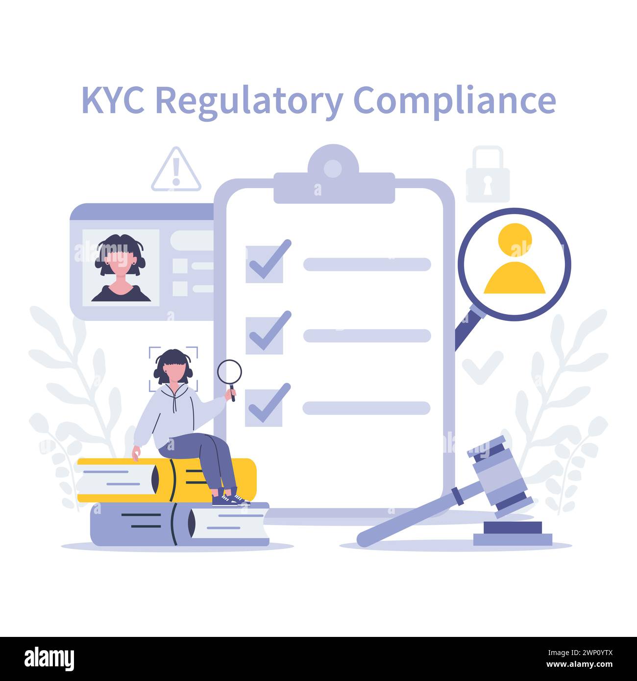 Concetto KYC. Conformità normativa KYC. Un approccio mirato alla verifica dell'identità e all'osservanza giuridica nelle operazioni finanziarie. Illustrazione vettoriale piatta. Illustrazione Vettoriale