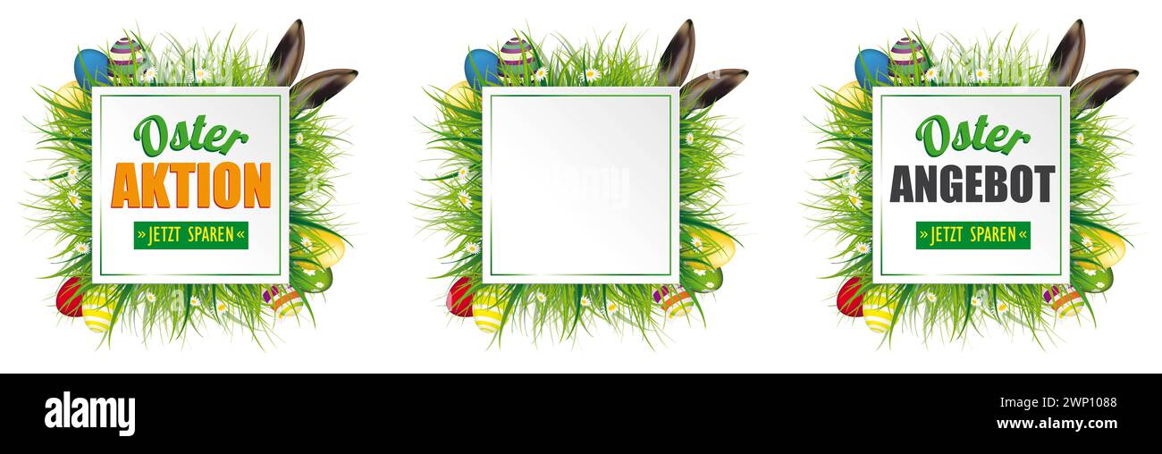 Uova di Pasqua Lepre Ears Grass Frames Osterangebot Header testo tedesco Osterangebot, Osteraktio, Jetzt Sparen, Translate Easter Offern, Easter sale, Salva Foto Stock