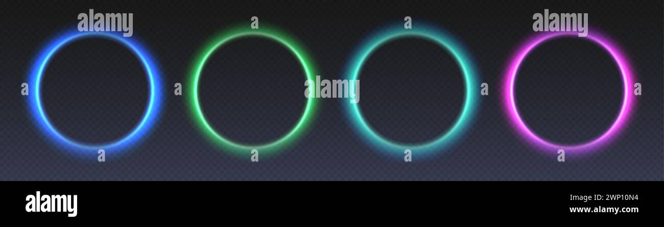 Cornici circolari al neon, anelli colorati sfumati futuristici, moderni bordi vettoriali. Illustrazione Vettoriale