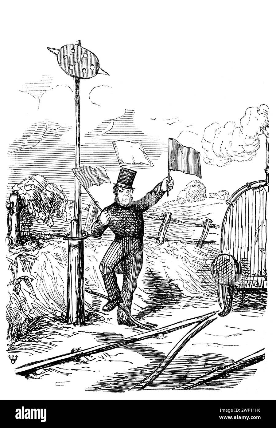 Ill1701 Railway Slips, cartone animato di 1852 Punch Magazine che mostra la segnalazione ferroviaria manuale Foto Stock