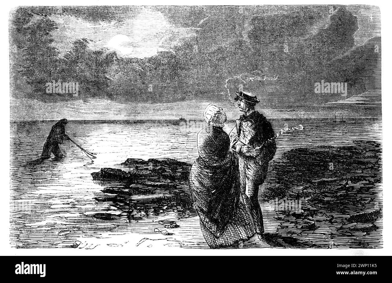 Romanticismo e realtà, cartone animato di 1852 Punch Magazine, coppia sulla passeggiata sulla spiaggia, ammira la scena, si chiede se l'uomo che taglia può portare il suo cibo Foto Stock